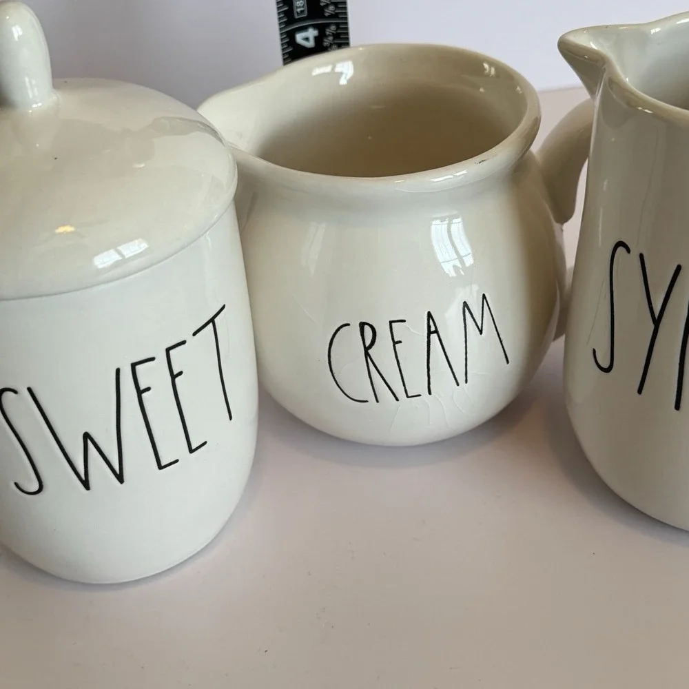 Rae Dunn SWEET CREAM SYRUP Coffee Bar Set Sugar Creamer Pitcher‎ Farmhouse Gift